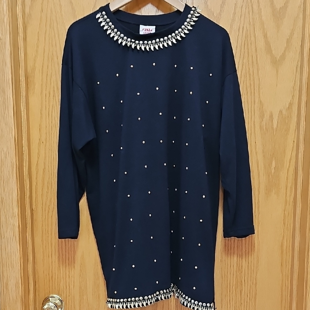Black Embellished Tee with Metal Accents